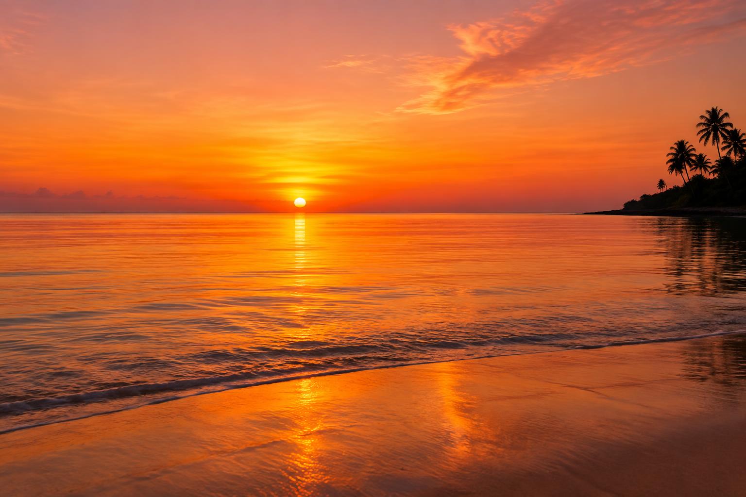 Calm turquoise water meeting pale sand at sunset, the sky glowing coral and amber